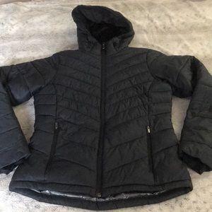 Black Columbia puffer coat XS fitted omni-heat quilted  fleece lined hood